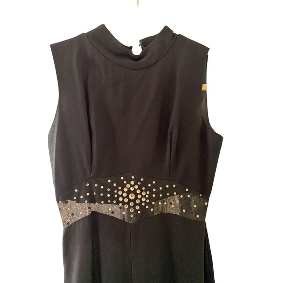 Black Sleeveless Maxi Jumpsuit Rhinestone Waist Detail & Sheer Accents Small - Picture 3 of 5